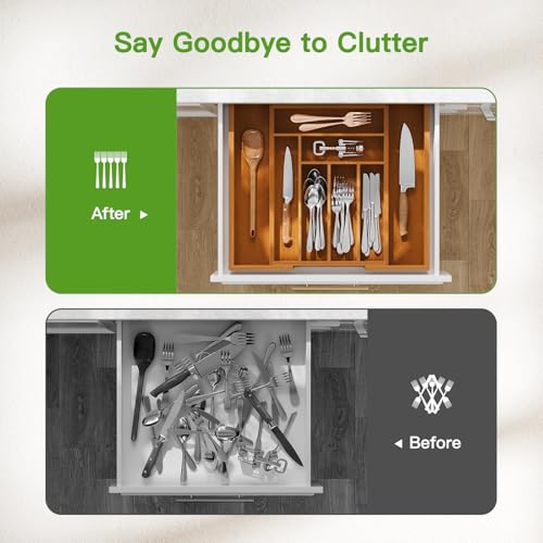 Bamboo Expandable Drawer Organizer for Utensils Holder (Brown / Large)