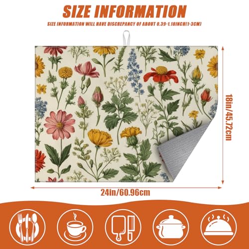 Spring Wild Flower Dish Drying Mat for Kitchen Counter Microfiber Absorbent Dish Kitchen Drying Mat Draining Reusable Washable for Dishes