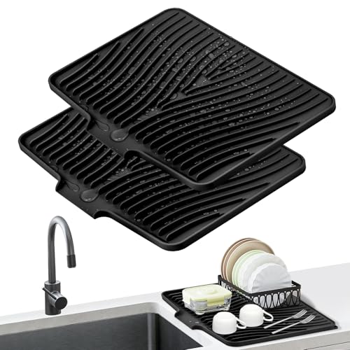 Silicone Dish Drying Mat for Kitchen Counter (Black-2pcs / 16" x 12")