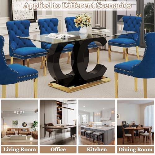 7 Piece Glass Dining Table Set for 6 (Black Table & Gold Blue Chair / 7-Piece Set-OC-Shaped Table)
