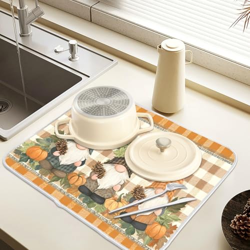 Fall Pumpkin Gnomes Maple Leaves Autumn2 Dish Drying Mat for Kitchen Counter Absorbent Microfiber Large Drying Pad Dish Mats for Kitchen Countertops 18 x 24 Inch (24" x 18")