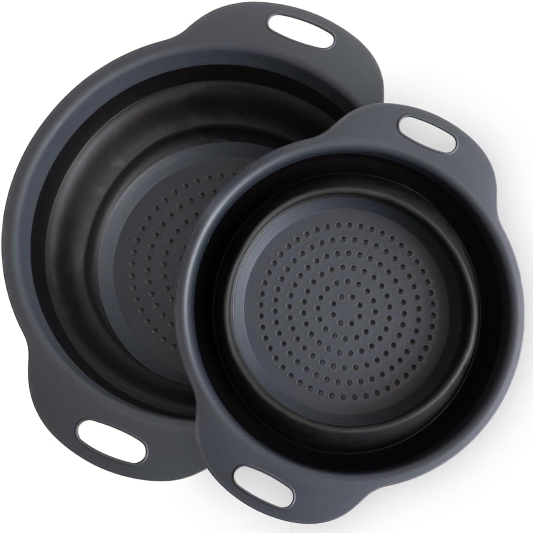 Collapsible Colander | 2-Pack Black Collapsible Strainer for Pasta, Fruits, & Vegetables | Compact Silicone Strainer Ideal for Straining all Sorts of Foods | Strainer for Everyday Use Medium