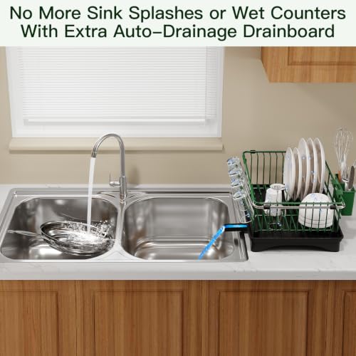 Green Expandable Dish Drying Rack Over Sink with Extra Drainboard (Green / For 11.5"-16" W Sink with Cup Holder & Drainboard)