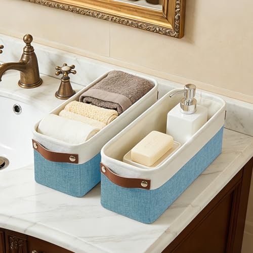Small Fabric Storage Baskets (Teal / Off-White / Narrow-15"x6"x5")