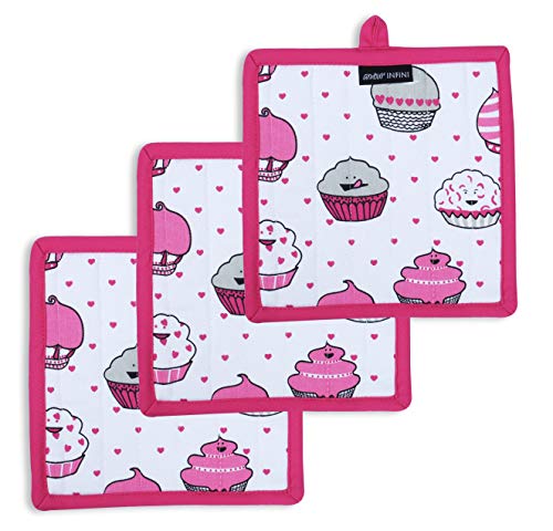 Heat Resistant Pot Holders Set of 3 Nonslip Multipurpose Hot Pads for Cooking and Baking (8x8 inches / Cup Cakes)