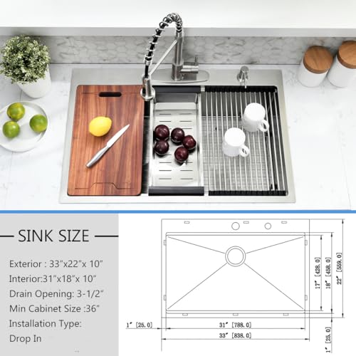 33 Inch Drop In Kitchen Sink Workstation (33"L x 22"W x 10"D / Stainless Steel)