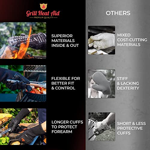 Grill Gloves Heat Proof for Men Grilling BBQ Heat Resistant Gloves (Full Black / Long Cuff - Medium Palm)