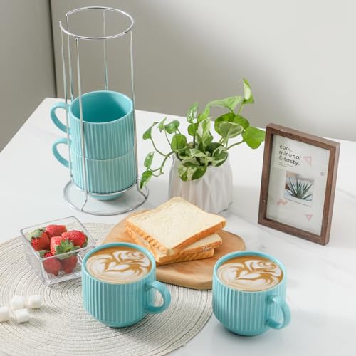 15 oz Coffee Mug Set of 4 with Stand (Teal / 15 Ounces)