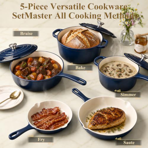 5 Piece Navy Blue Enameled Cast Iron Cookware Set (Navy Blue A)