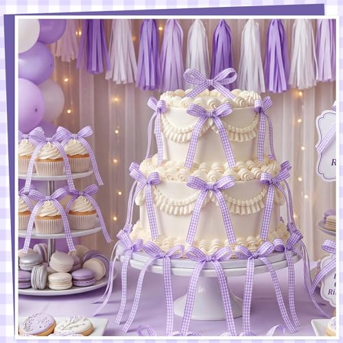 30 Pack Bow Cake Toppers Purple Gingham Ribbon Bows for Cake (Purple Gingham)