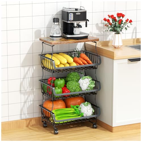 4 Tier Fruit and Vegetable Basket for Kitchen with Wheels (4 Tier / Black With Wooden Top)