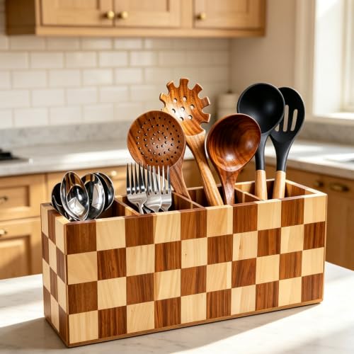 Large Kitchen Utensils Holder 4 Compartments with Checkered Design (Checkered / 4 Compartment)