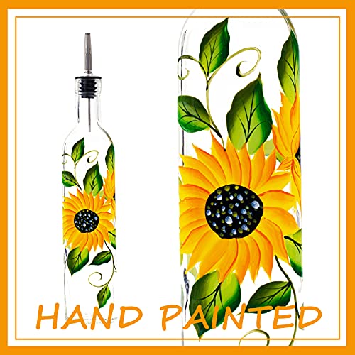 17oz Hand Painted Glass Olive Oil Bottle Dispenser (sunflower2)