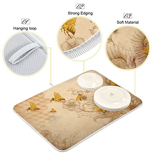 Super Absorbent Dish Drying Mat (Sunflower Bee Retro / 18" x 24")