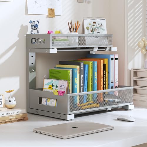 1 Pack-11.4"-16.14" H Under Sink Storage Organizer, Large 2-Tier Elegant Mesh Pull Out Shelf for Kitchen & Bathroom Cabinet Organization, L-Shaped, Adjustable Height-Gun Gray (Gun Gray / 1 Pack-15.74"Dx11.4"-16.14"H)