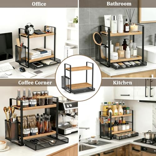 2 Tier Spice Rack Organizer for Countertop with Drawer and Basket