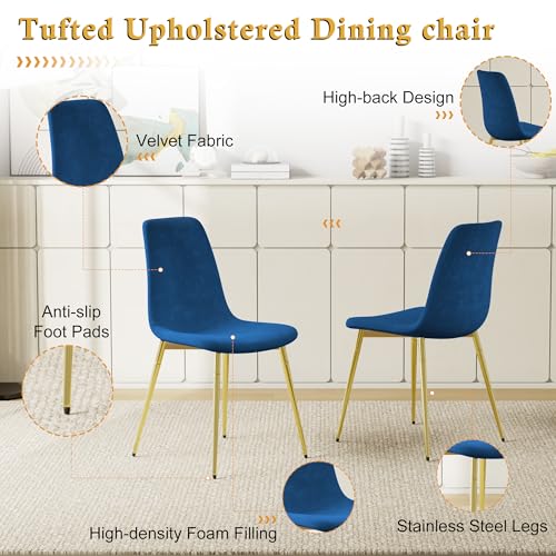 36" Square Glass Dining Table Set for 4 (Silver Square Table/Blue Velvet Chairs / 5 Pieces)