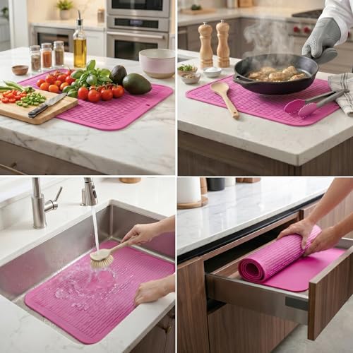 Silicone Dish Drying Mat for Multiple Usage (Rose / 24"L x 18"W)