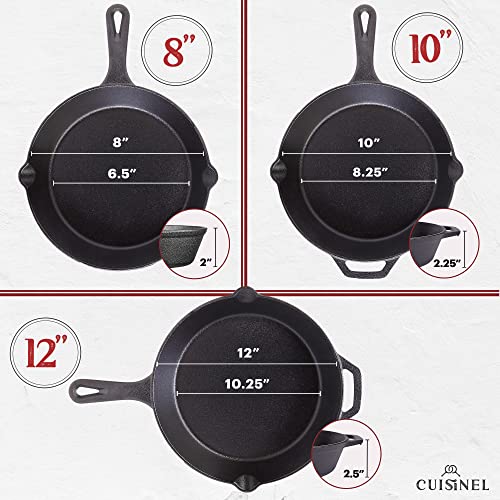 Cast Iron Skillets Set with Lids (8"+10"+12")