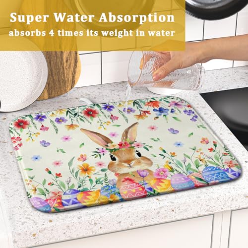 Easter Rabbit Dish Drying Mat Spring Flower Dish Drainer Rack Mats 16x18 inch Absorbent Microfiber Fast Dry Pad Kitchen Counter Accessories (Easter Rabbit Floral / 16" x 18")