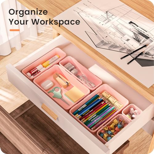 Military Grade】 Drawer Organizer for Vanity Bathroom Makeup Desk (Pink)