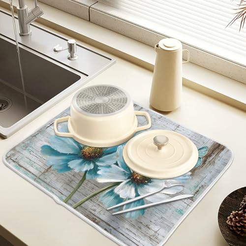 Rustic Teal White Daisy on Vintage Wooden Dish Drying Mat for Kitchen Counter Absorbent Microfiber Large Drying Pad Dish Mats for Kitchen Countertops 18 x 24 Inch (24" x 18")