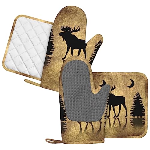 Rustic Elk Moose Deer Forest Pine Tree Moon Design Oven Mitts and Pot Holders Sets Silicone Moose Kitchen Mitts Potholders Heat Resistant 4Pcs Moose Oven Gloves Hot Pads for Kitchen (Vintage Moose)