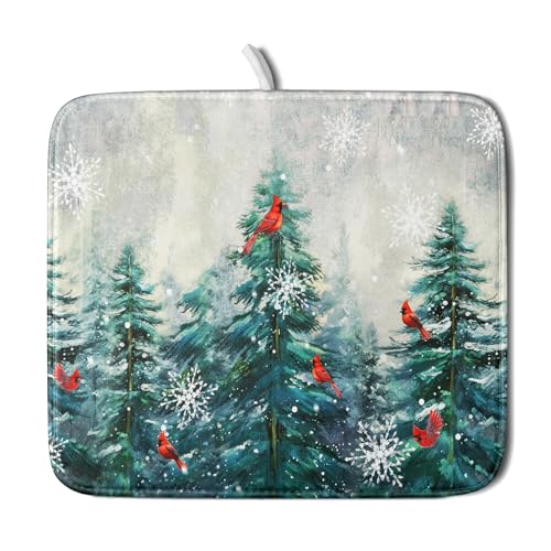 Pine Tree Dish Drying Mat for Kitchen Countertop Red Bird Dishes Mats Winter Decorative Absorbent Reversible Drainer Rack Pad 16x18 Inch (Pine Red Bird / 16" x 18")