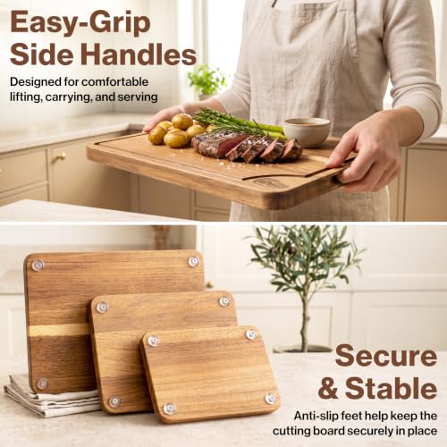 Acacia Wood Cutting Boards for Kitchen Set of 3 (3 Pack Beeswax no Stand)