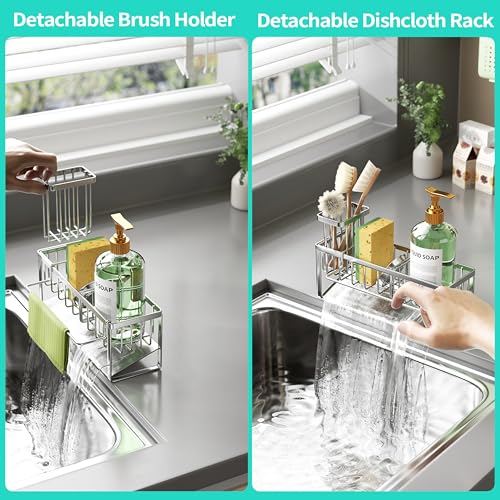 Sponge Holder for Kitchen Sink (Silver-Sloping / with Dishcloth Holder)
