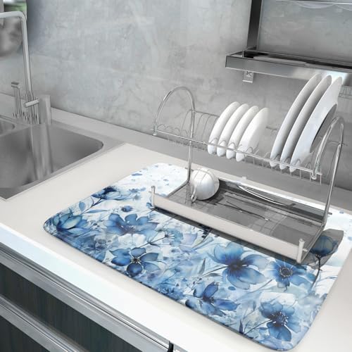 Blue Floral Dish Drying Mat for Kitchen Counter Watercolor Leaves Dishes Drainer Rack Mat Absorbent Microfiber Dish Draining Pad 18x24 Inch (Watercolor Blue Floral / 24" x 18")