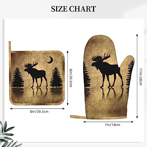 Rustic Elk Moose Deer Forest Pine Tree Moon Design Oven Mitts and Pot Holders Sets Silicone Moose Kitchen Mitts Potholders Heat Resistant 4Pcs Moose Oven Gloves Hot Pads for Kitchen (Vintage Moose)