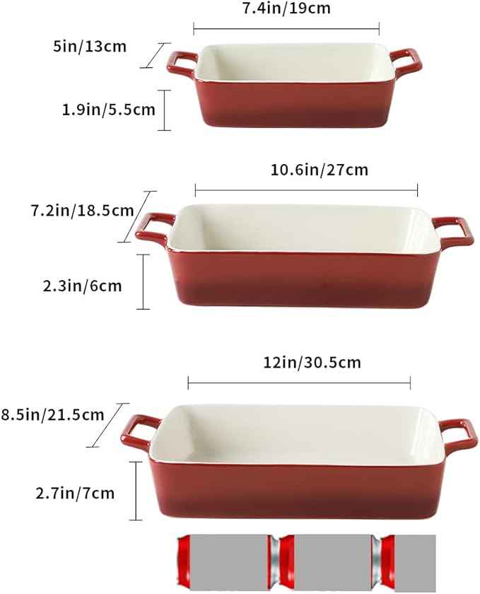 KOOV Bakeware Set, Ceramic Baking Dish, Rectangular Baking Pans Set, Casserole Dish for Cooking, Cake Dinner, Kitchen, Wrapping Upgrade, 12 x 8.5 Inches, 3-Piece (Gradient Red)