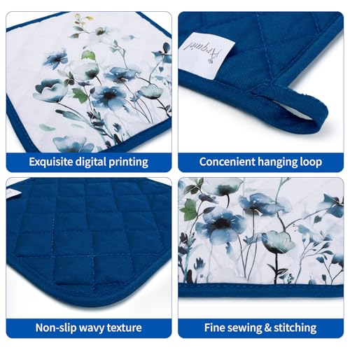 Blue Watercolor Flower Oven Mitts and Pot Holder Set (Blue Watercolor Flower / Oven Mitt x2 & Pot Holder x2)