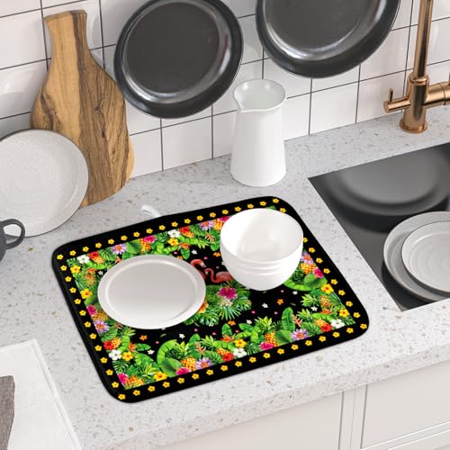 Tropical Flamingo Dish Drying Mat Palm Leaves Absorbent Dishes Drainer Pad Microfiber Dish Rack Mat for Kitchen Countertop Decor 16x18 Inch (Flamingo Leaves / 16" x 18")