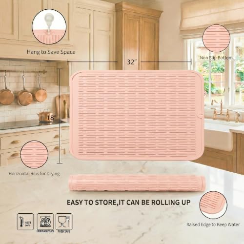 Silicone Dish Drying Mat for Multiple Usage (Pink / 32"L x 18"W)