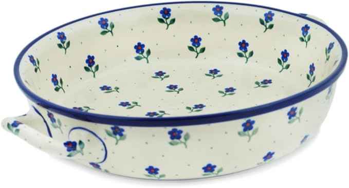 Polmedia Polish Pottery Round Baker with Handles 10-inch - Auntie Em Sapphire Pattern Handmade in Boleslawiec Poland by Ceramika Artystyczna + Certificate of Authenticity