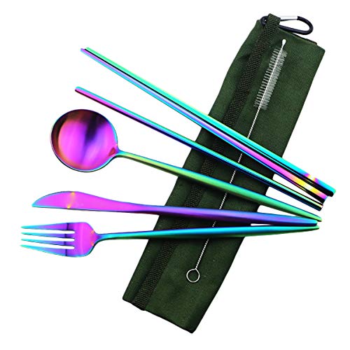 Reusable Travel Utensils (Green Pouch / Rainbow)