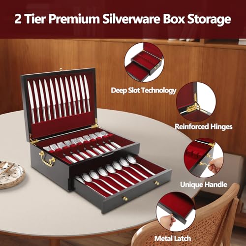 Wooden Silverware Storage Box 2 Layers Silverware Chest Case with Drawer with Handle Lid Flatware Organizer for Kitchen Dining Room