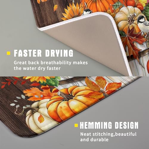 Fall Pumpkin Dish Drying Mat for Kitchen Counter Decor 16x18 Inch Halloween Thanksgiving Dish Drainer Mats Absorbent Reversible Dishes Pad (Pumpkin Bucket / 16" x 18")