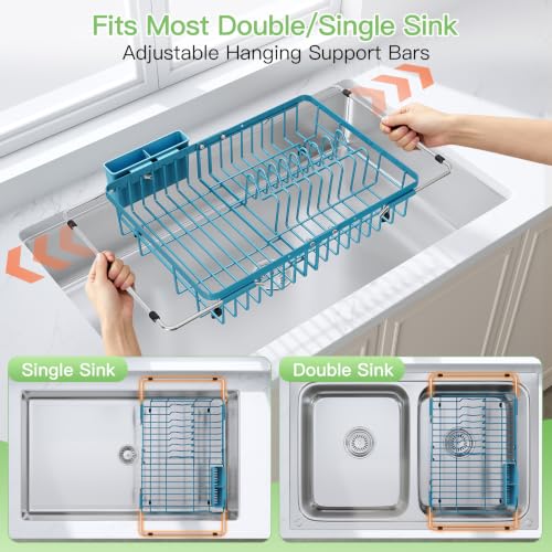 Blue Dish Drying Rack Over the Sink with Utensil Holder (Blue / For 12.5"-30"w Sink, Expandable)