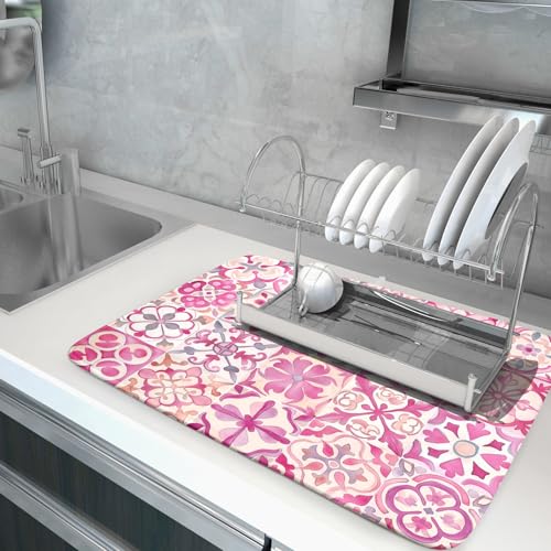 Pink Mexican Tiles Dish Drying Mat Absorbent Microfiber Dish Drying Pad for Kitchen Multi (Mexican Tiles Pink / 24" x 18")
