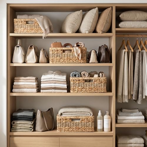 Large Wicker Baskets for Organizing (Natural (Water Hyacinth with Seagrass) / 15"L x 11"W x 6¾"H)