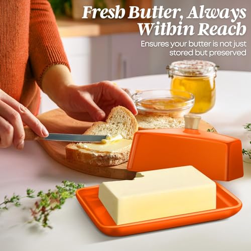 Large Ceramic Butter Dish with Lid for Countertop (Orange / Large)