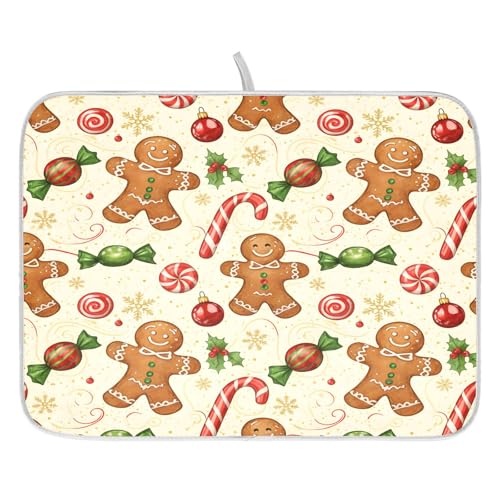 Christmas Gingerbread Cookie Man Sugar Dish Drying Mat for Kitchen Counter Absorbent Microfiber Large Drying Pad Dish Mats for Kitchen Countertops 18 x 24 Inch (24" x 18")