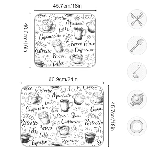Coffee Cups Print Dish Drying Mat for Kitchen Counter Absorbent Microfiber Drying Pad (16" x 18")
