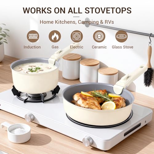 18 Piece Ceramic Pots and Pans Set Non Stick (Cream White)