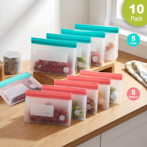 Reusable Food Storage Bags (10 Pack of 5 Large, 5 Medium Bags (Multicolors))