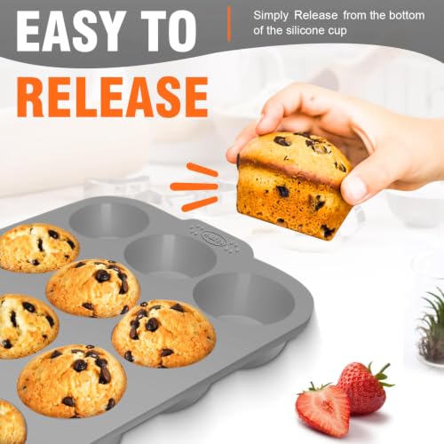 Silicone Muffin Pan with Metal Frame (2 Pcs: 12 Cups with frame, Regular Grey)