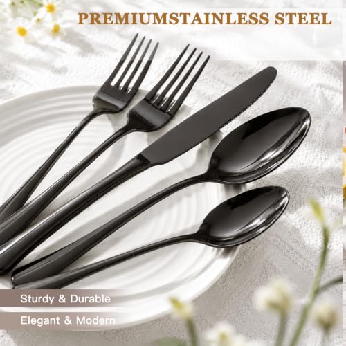 24 Piece Black Silverware Set with Steak Knives Flatware Set for 4 Food (24 PCS / Elegant Black Pro)
